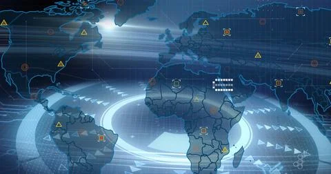 Displaying digital world map HUD over Africa at dashboard, showing HUD rings and Ilustração Stock