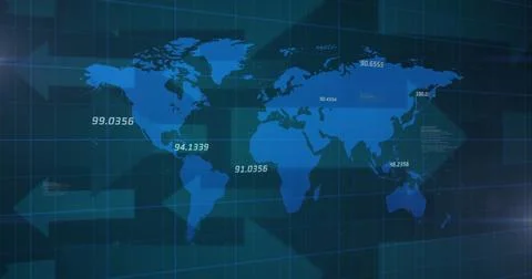 Displaying digital world map infographic on dark grid, showing data points with イラスト素材