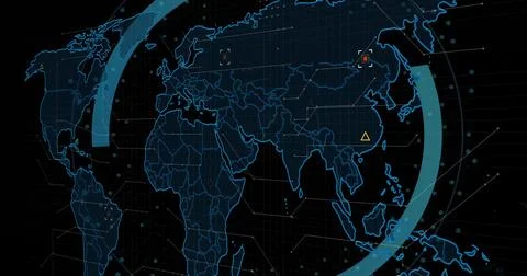Displaying digital world map interface at control screen, with neon-blue Stock Photos