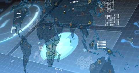 Displaying digital world map interface graphic in virtual control room, with Stock Photos