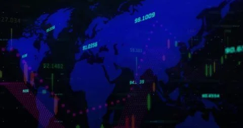 Displaying digital world map with numeric data labels on trading platform, with 스톡 사진
