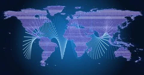 Displaying digital world map over blue gradient showing lit pixel clusters, b Ilustração Stock