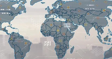 Displaying digital world map over hazy skyline, with continent outlines, icons Stock Photos