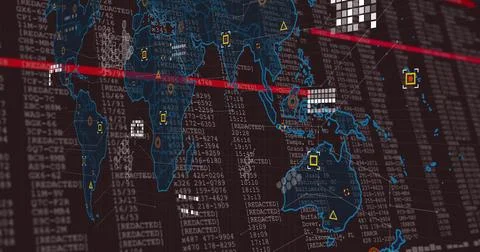 Displaying digital world map overlay on large monitor, showing red scan lines, Stock Illustration
