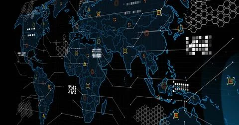 Displaying digital world map overlay on wide dashboard showing hexes colored Stock Illustration