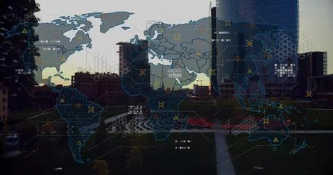 Displaying digital world map overlay across park at dusk, with hexagonal grids, Stock Photos