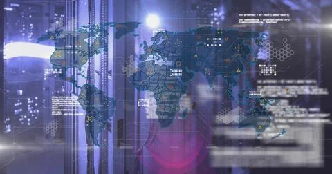 Displaying digital world map overlay showing activity at server room, with Stockfoto's