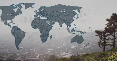 Displaying digital world map overlay floating on grassy hillside, with hex grid Stock Photos