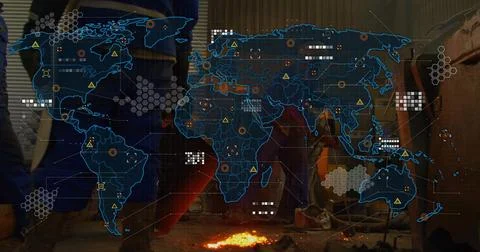Displaying digital world map overlay with hazard data markers over molten metal Fotos Stock