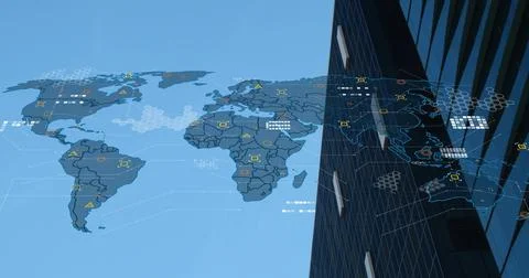 Displaying digital world map overlay over clear blue sky, showing data markers Stock Photos