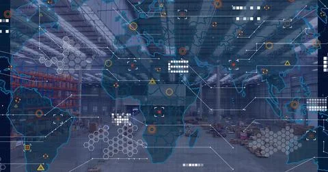 Displaying digital world map overlay over warehouse interior, with red racking, 写真素材