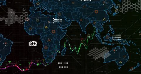 Displaying digital world map overlaying dark-grid interface, with neon line 스톡 일러스트