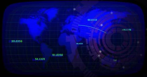 Displaying digital world map overlaying console, showing HUD rings, trajector Illustrazione stock