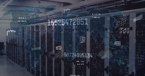 Displaying digital world map overlaying server racks in data center, with Stock Photos