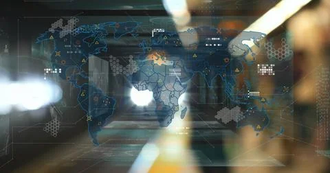 Displaying digital world map projection on glass corridor wall, with hex grid Stock Photos