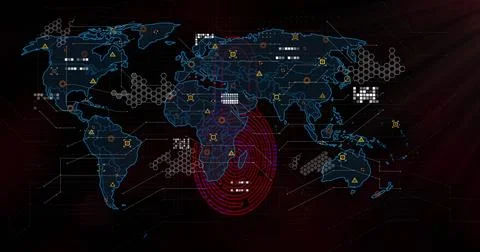 Displaying digital world map pulsing on data dashboard with hex clusters, Stock Photos