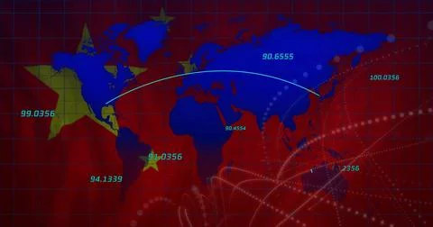 Displaying digital world map on red grid, showing numeric data, star markers, Stock Illustration