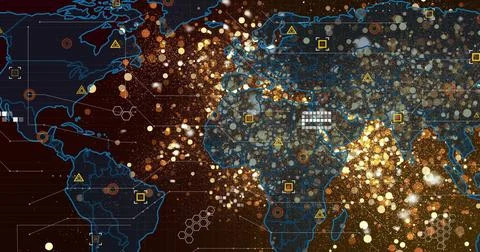Displaying digital world map showing glowing data points and network lines on Illustrazione stock