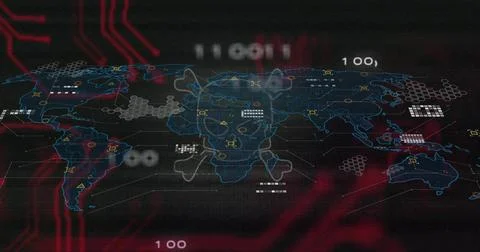 Displaying digital world map with skull-and-crossbones overlay on dashboard,  Stock Illustration