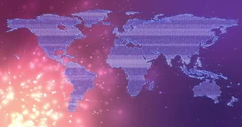 Displaying digital world map streaming binary data lines in purple-pink Stock Illustration