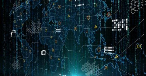 Displaying digital world map tracing data nodes and links on code dashboard, Foto stock