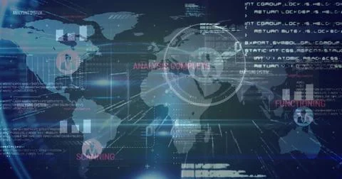 Displaying digital world map in virtual control room, with scanning rings and Stock Photos