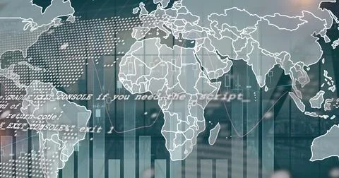 Displaying digital world map visualization on office glass panel, with charts Foto stock