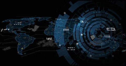 Displaying digital world map wireframe with circular HUD on black background, Stock Illustration