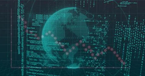 Displaying digitized wireframe globe rotating in VR 3D dashboard, with grid 스톡 일러스트