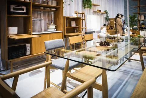 Displaying the dining table in the kitchen in Home and Garden Exhibition 2020 Stock Photos