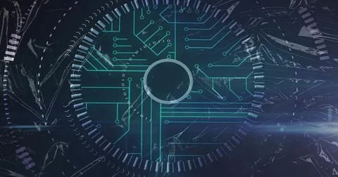 Displaying disc with gear ring emitting traces on screen, with binary glitch Stock Photos