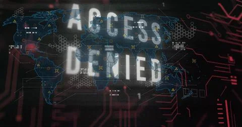 Displaying distressed ACCESS DENIED overlaying world map on security dashboard, Stockillustratie