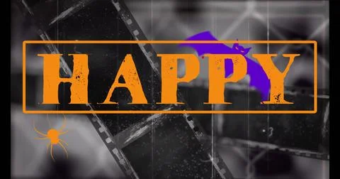 Displaying distressed HAPPY centered in orange border in poster with purple bat, 스톡 사진