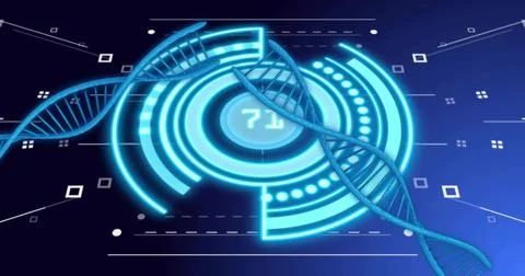 Displaying DNA double helices crossing central HUD with concentric rings in lab, Stock Illustration