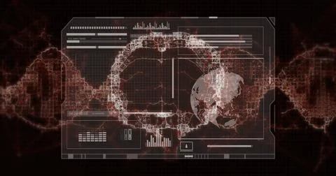 Displaying DNA double helix lying on grid on data dashboard, with pixelated Illustrazione stock