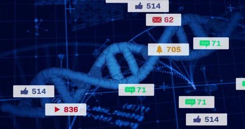 Displaying DNA double helix model floating over digital interface, with Stock Illustration