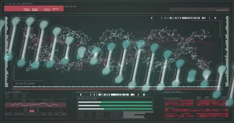 Displaying DNA double-helix model glowing in lab interface, with network nodes 写真素材