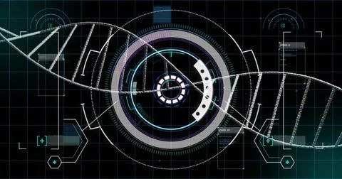 Displaying DNA double helix with rotating circular HUD on digital lab grid, with Stock Photos