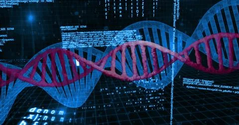 Displaying DNA double helix rotating horizontally over virtual grid plane, with Stock Photos