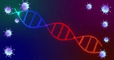 Displaying DNA double helix spiraling in dark digital backdrop, with floating Stock Illustration