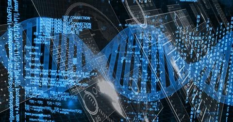 Displaying DNA double helix twisting in digital interface, with programming code Illustrazione stock