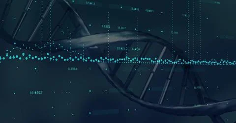 Displaying DNA double helix twisting in digital UI, with teal circles and labels Stockillustratie
