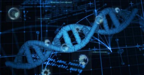 Displaying DNA double helix twisting diagonally in virtual lab, with glowing 스톡 일러스트