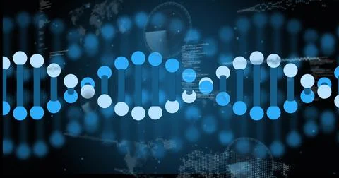 Displaying DNA double helix at virtual interface with bokeh lights, code, world Fotos Stock