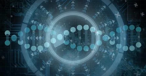 Displaying DNA helix with concentric HUD rings and circuit traces on virtual Stock Illustration