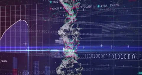 Displaying DNA helix floating in analytics environment, with binary code, line Stock Illustration