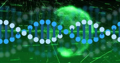 Displaying DNA helix floating over data interface, with particle globe, overlays Stock Photos