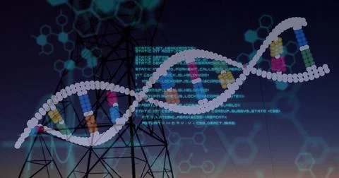 Displaying DNA helix floating over tower site at dusk, with code overlay and 스톡 사진