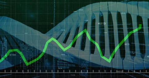 Displaying DNA helix over grid overlay, charting green line graph with numerical Stockillustratie