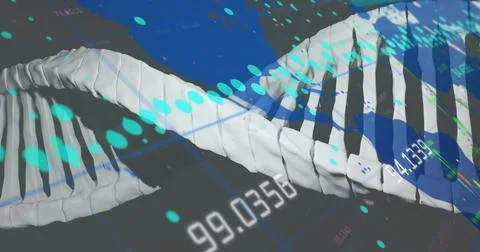 Displaying DNA helix twisting in visualization screen, with numeric data, 스톡 사진